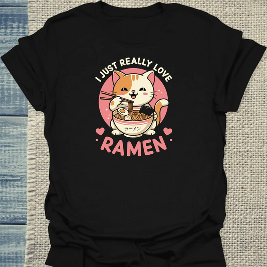 T-Shirt - I Just Really Love Ramen - Unisex - Katze, Ramen Schwarz