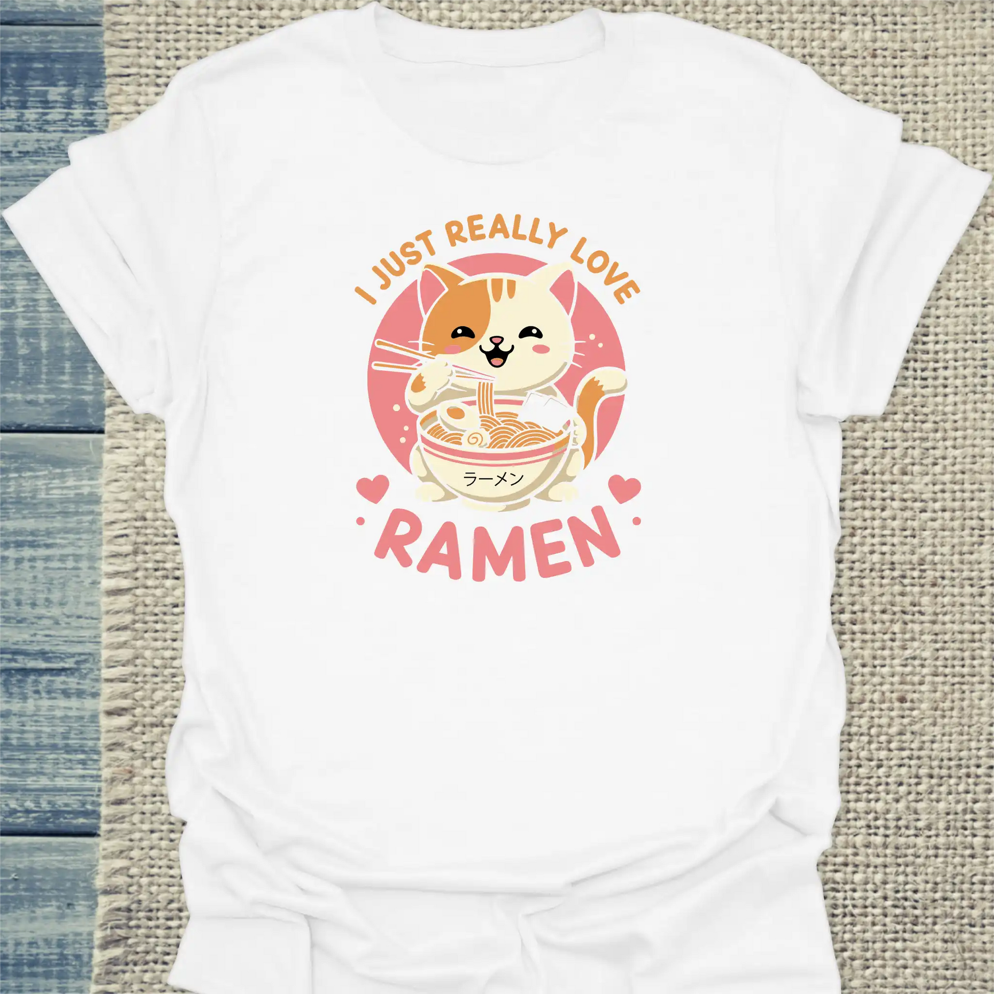 T-Shirt - I Just Really Love Ramen - Unisex - Katze, Ramen Weiß