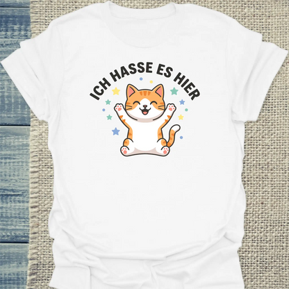 T-Shirt - Ich hasse es hier - Unisex - Katze, Orange Weiß