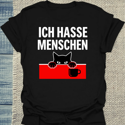 T-Shirt - Ich hasse Menschen - Unisex - Katze & Kaffee Schwarz