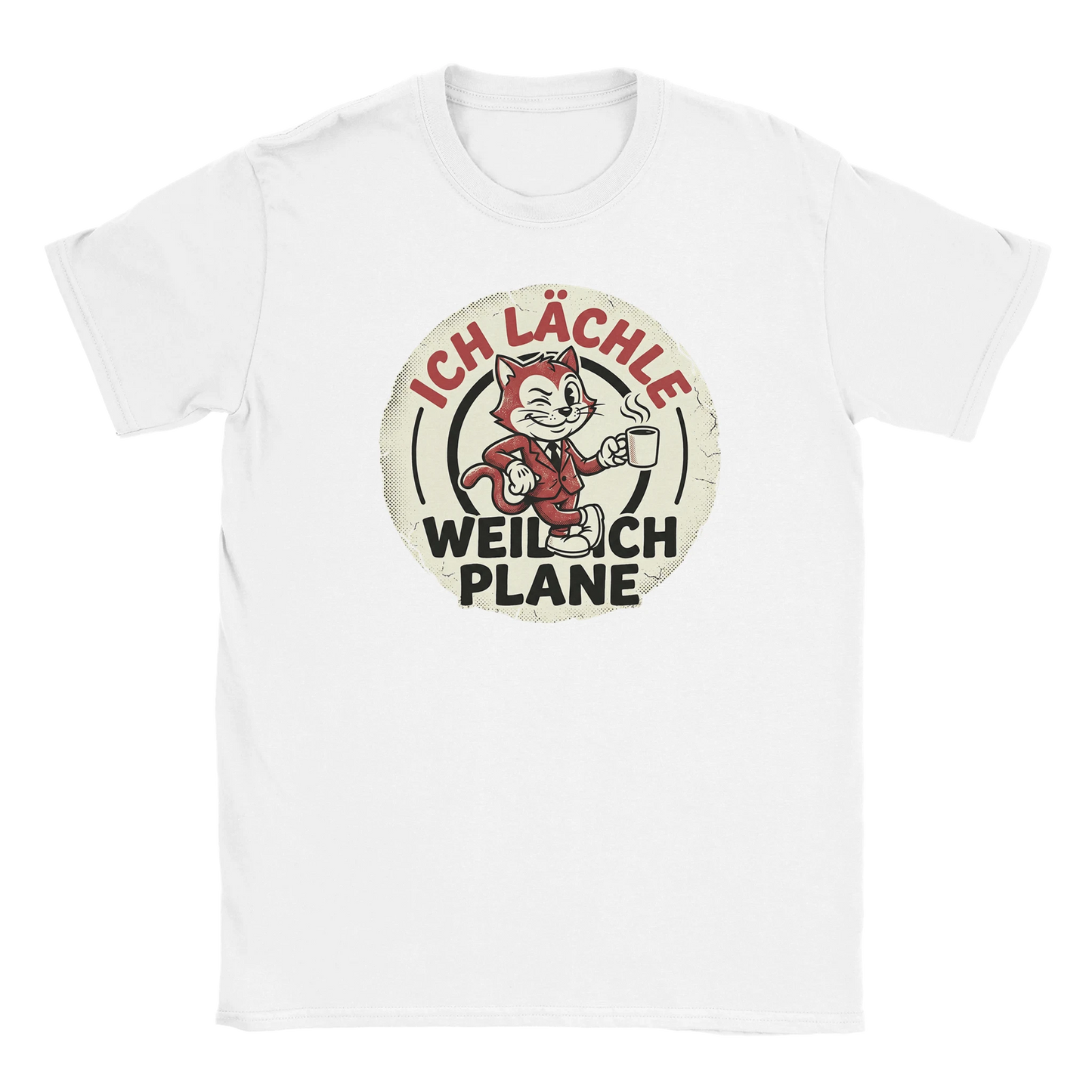 T-Shirt - Ich lächle, weil ich plane - Unisex - Katze & Kaffee, Cat Guy Weiß