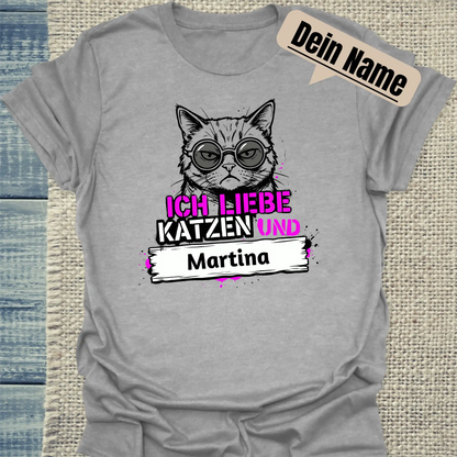 T-Shirt - Ich liebe Katzen und - Unisex - Katze, Personalisiert Grau