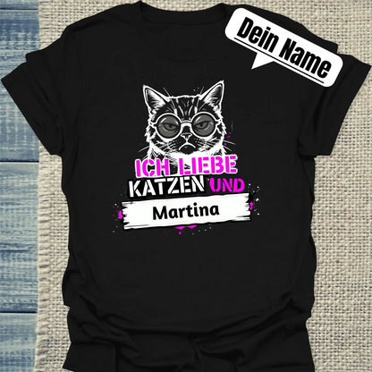 T-Shirt - Ich liebe Katzen und - Unisex - Katze, Personalisiert Schwarz
