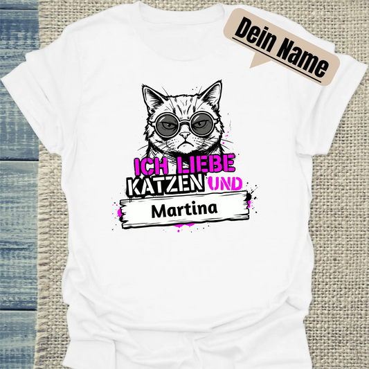 T-Shirt - Ich liebe Katzen und - Unisex - Katze, Personalisiert Weiß