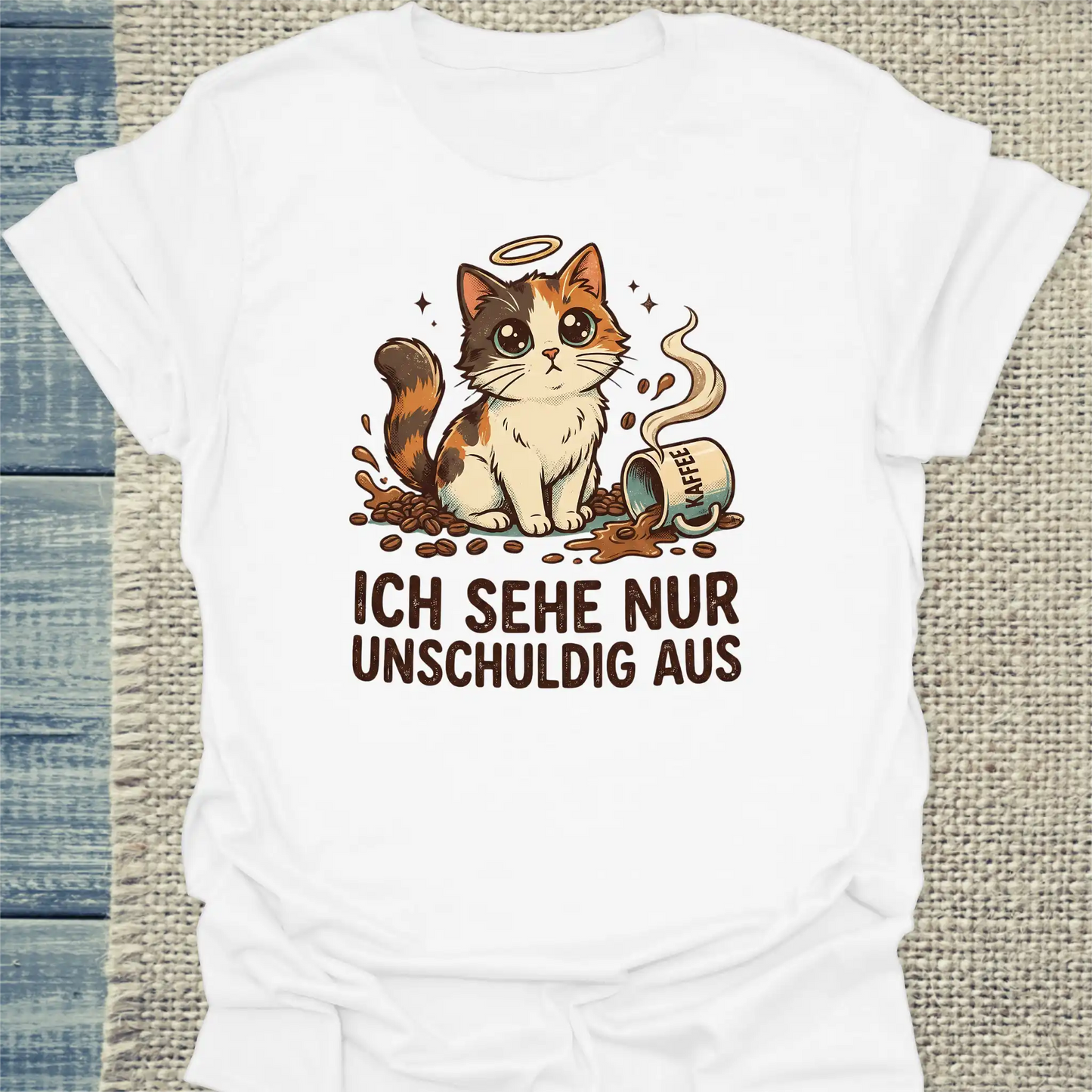 T-Shirt - Ich sehe nur unschuldig aus - Unisex - Katze & Kaffee Weiß