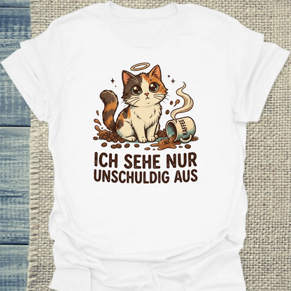 T-Shirt - Ich sehe nur unschuldig aus - Unisex - Katze & Kaffee Weiß