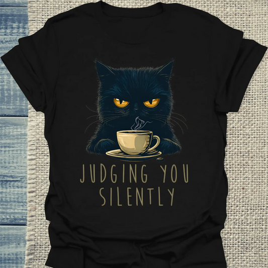 T-Shirt - Judging you silently - Unisex - Katze, Kaffee Schwarz
