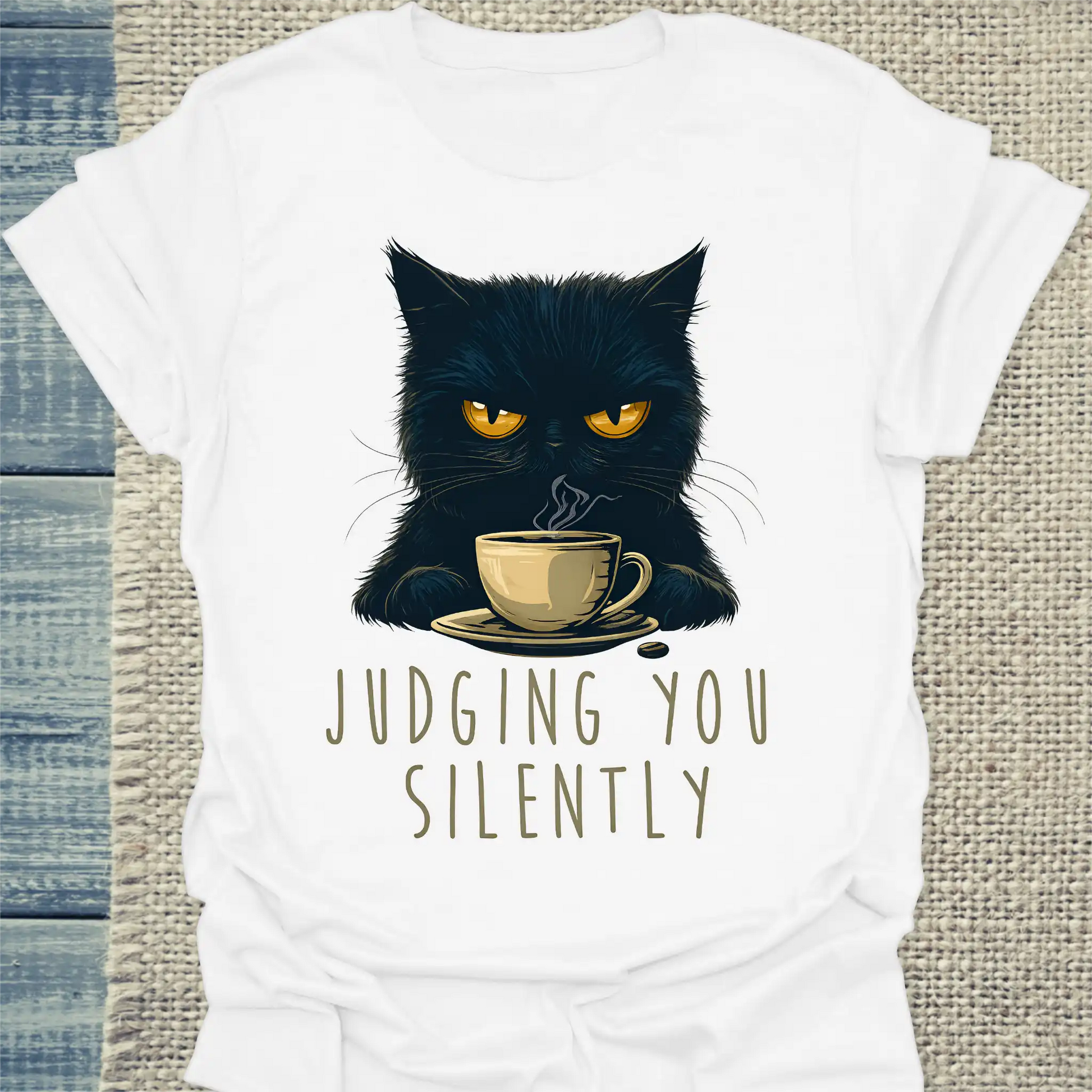 T-Shirt - Judging you silently - Unisex - Katze, Kaffee Weiß