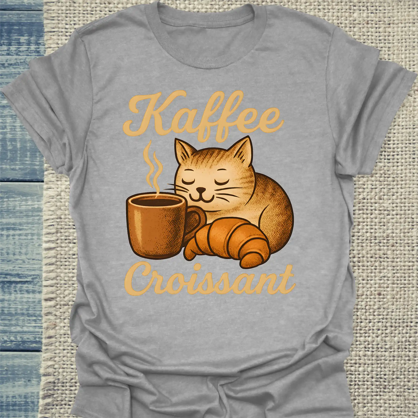 T-Shirt - Kaffee Croissant - Unisex - Katze, Kaffee Grau