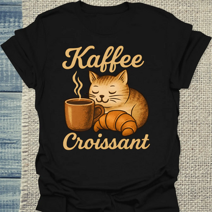 T-Shirt - Kaffee Croissant - Unisex - Katze, Kaffee Schwarz