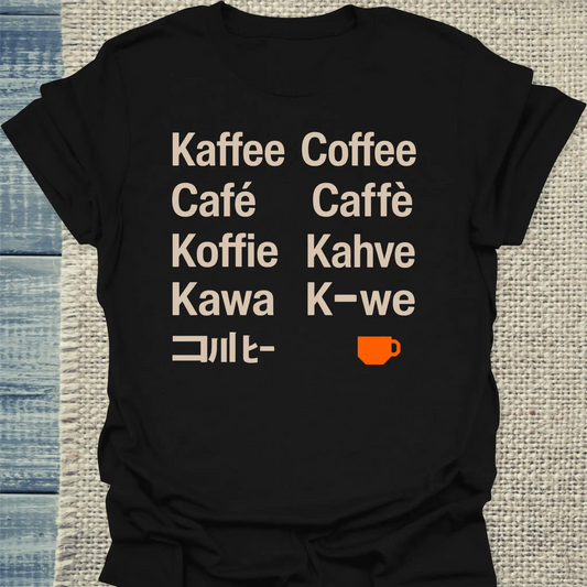 T-Shirt - Kaffee in 9 Sprachen - Unisex - Kaffee Schwarz