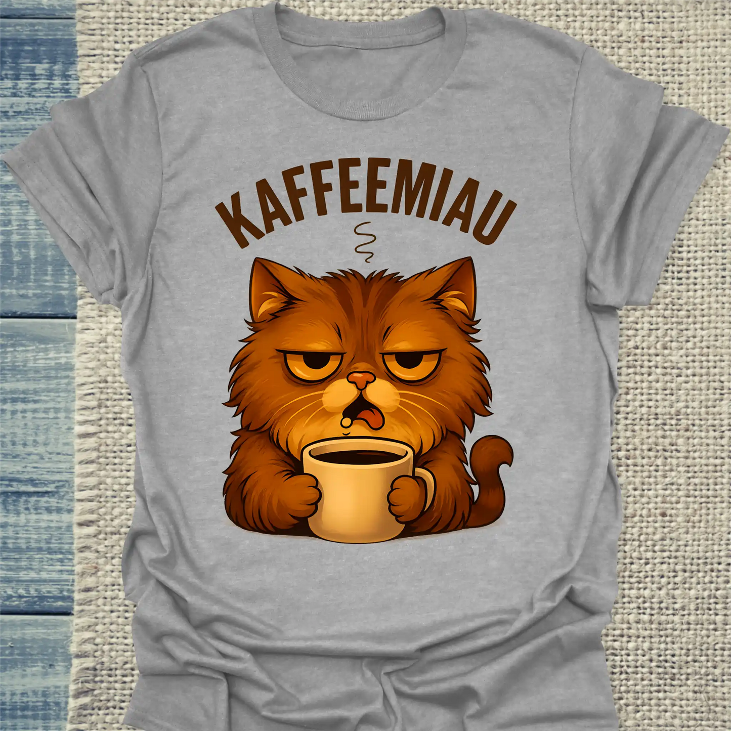 T-Shirt - KaffeeMiau - Katze mit Kaffee - Unisex - Katze & Kaffee Grau