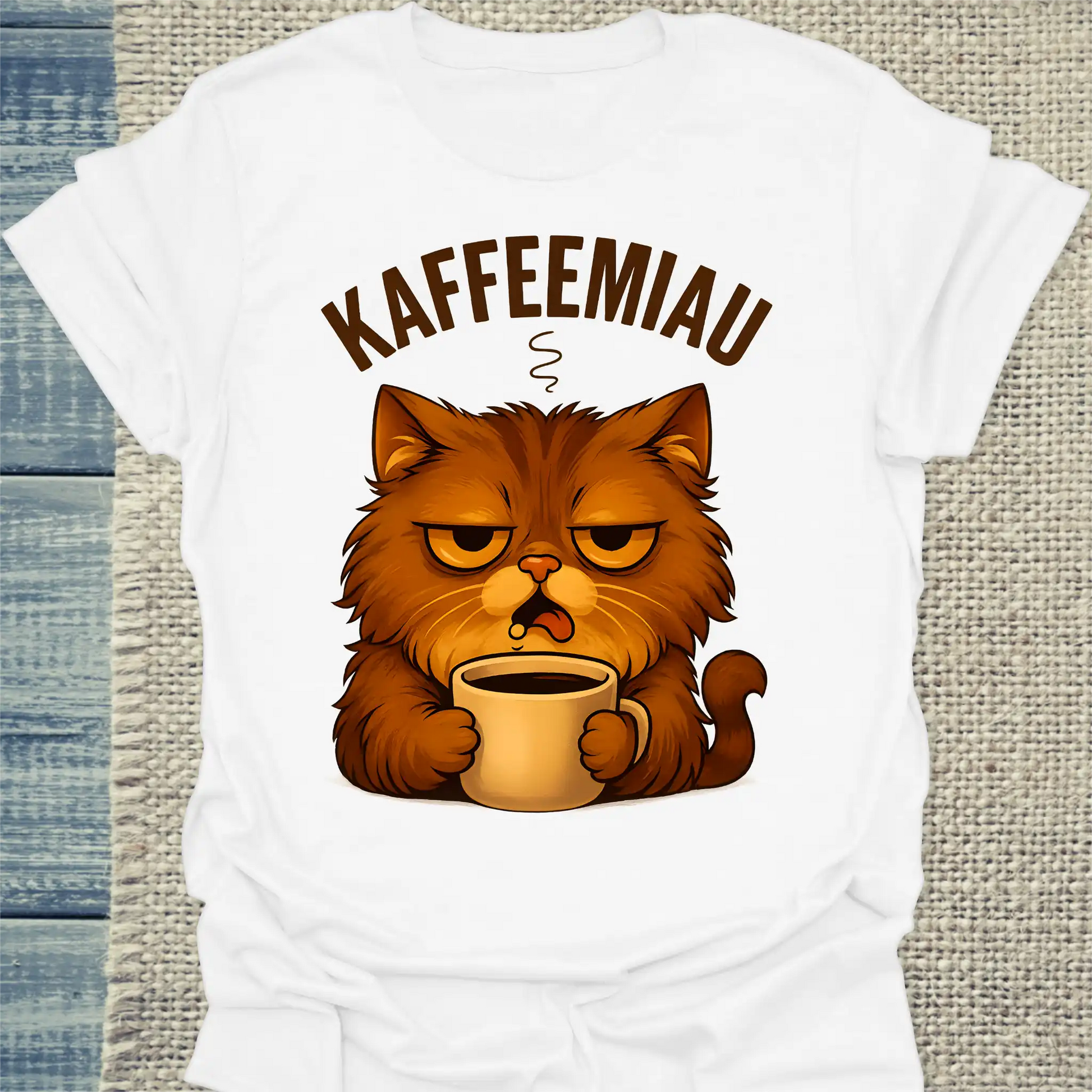 T-Shirt - KaffeeMiau - Katze mit Kaffee - Unisex - Katze & Kaffee Weiß