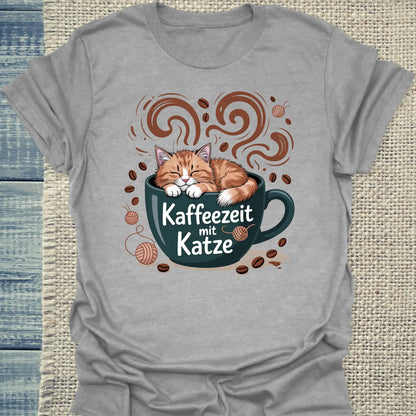 T-Shirt - Kaffeezeit mit Katze - Unisex - Katze & Kaffee Grau