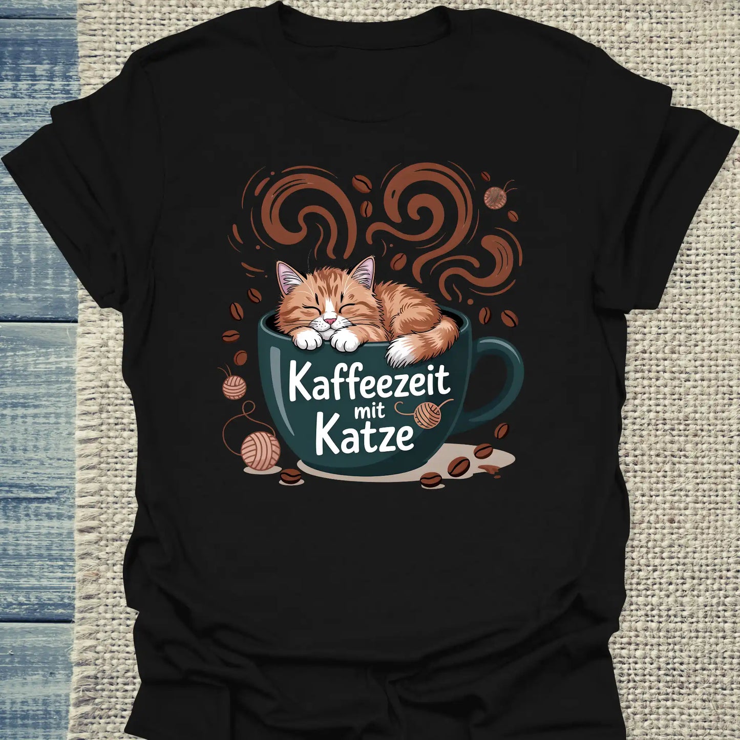 T-Shirt - Kaffeezeit mit Katze - Unisex - Katze & Kaffee Schwarz