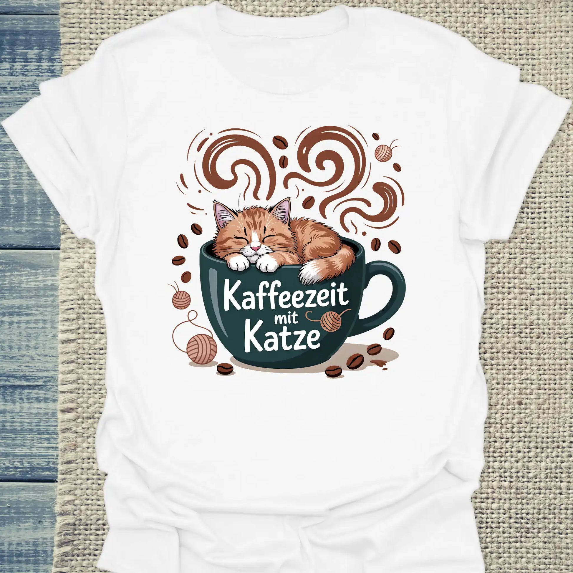 T-Shirt - Kaffeezeit mit Katze - Unisex - Katze & Kaffee Weiß