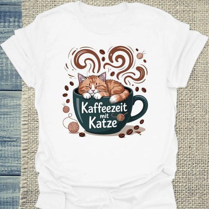 T-Shirt - Kaffeezeit mit Katze - Unisex - Katze & Kaffee Weiß