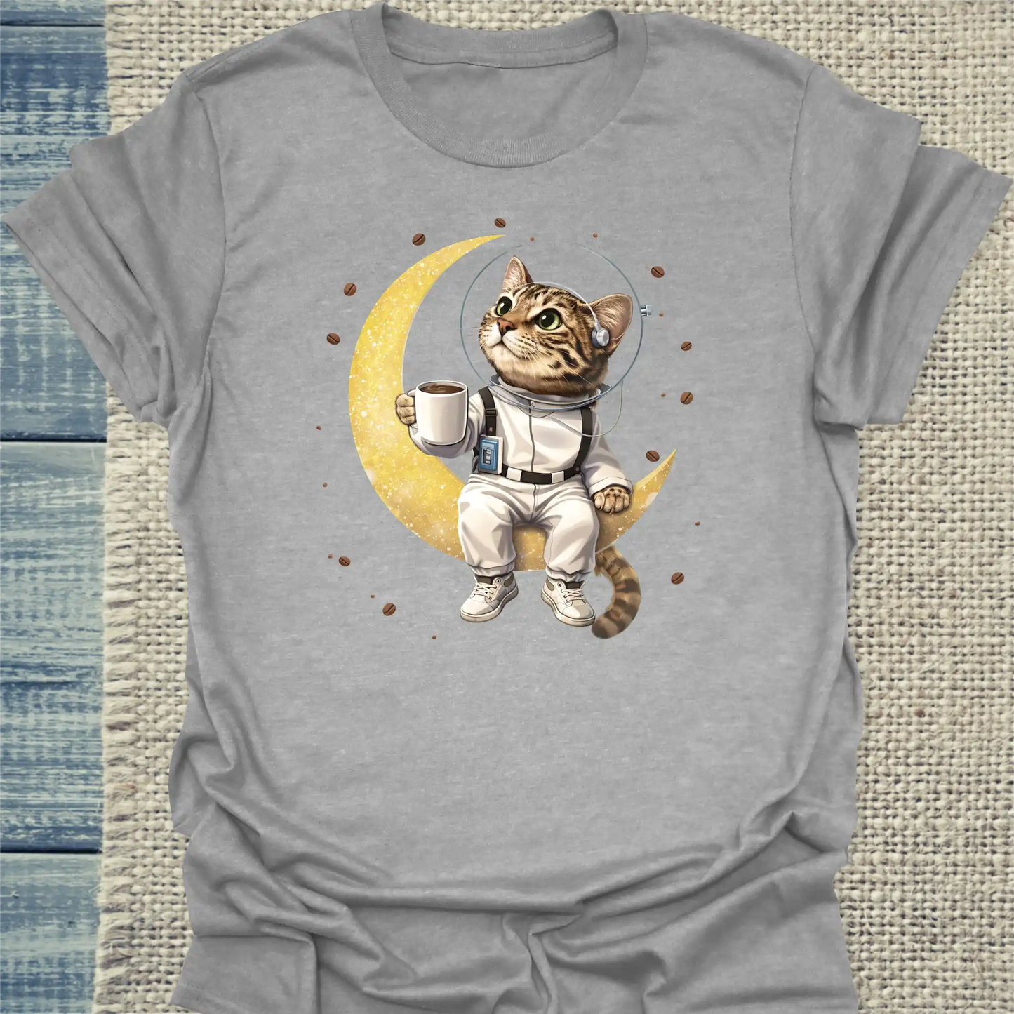 T-Shirt - Katze am Mond - Unisex - Katze Grau