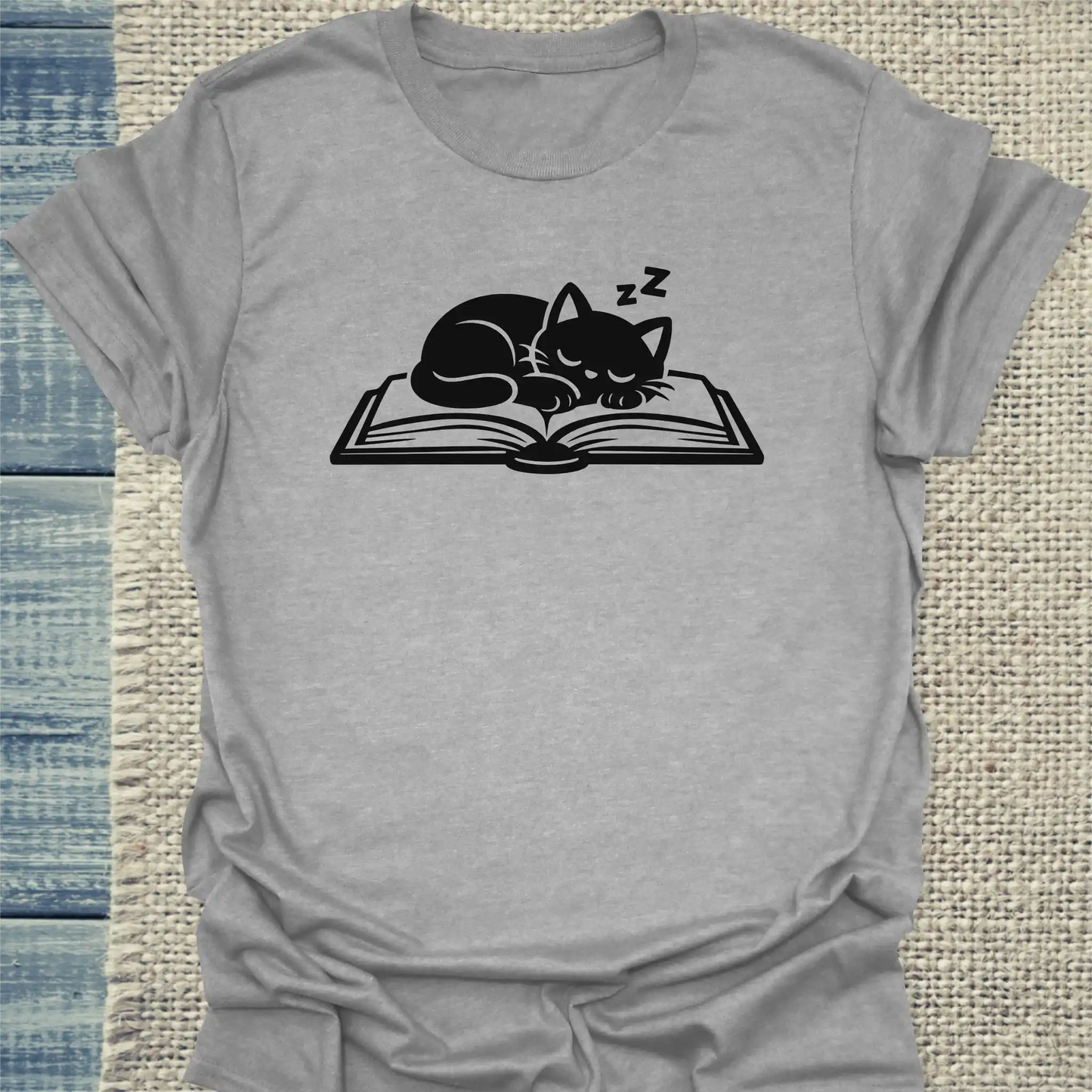 T-Shirt - Katze auf Buch - Unisex - Katze Grau