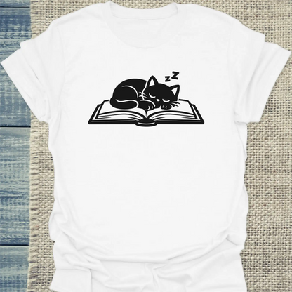 T-Shirt - Katze auf Buch - Unisex - Katze Weiß