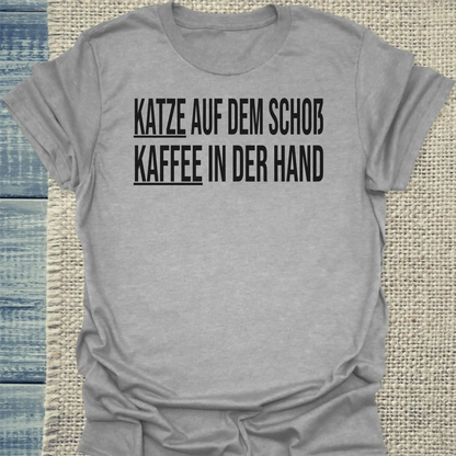 T-Shirt - Katze auf dem Schoß. Kaffee in der Hand. - Unisex - Katze & Kaffee Grau