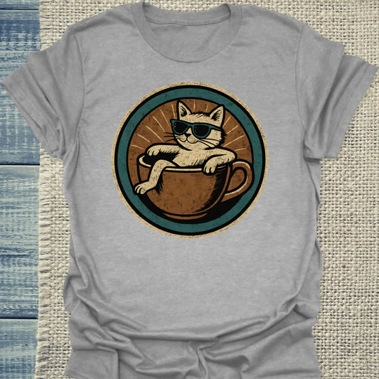 T-Shirt - Katze in Tasse - Rund - Unisex - Katze & Kaffee Grau