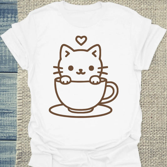 T-Shirt - Katze in Tasse - Unisex - Katze & Kaffee Weiß