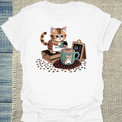 T-Shirt - Katze schenkt Kaffee aus - Unisex - Katze & Kaffee Weiß