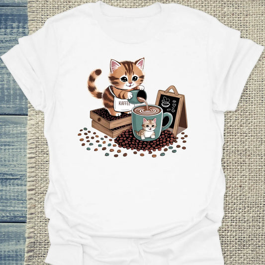 T-Shirt - Katze schenkt Kaffee aus - Unisex - Katze & Kaffee Weiß