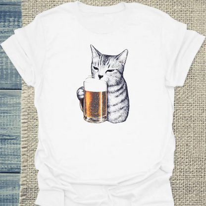 T-Shirt - Katze trinkt Bier - Unisex - Katze Weiß