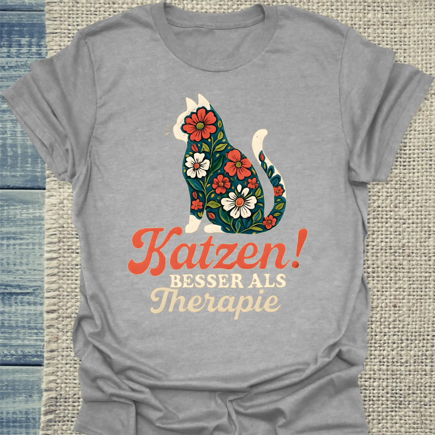 T-Shirt - Katzen! Besser als Therapie - Unisex - Katze Grau
