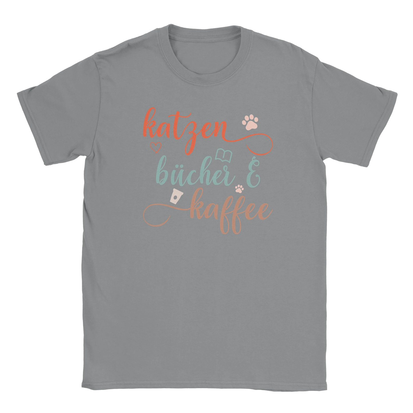 T-Shirt - Katzen, Bücher & Kaffee - Unisex - Katze, Kaffee Grau