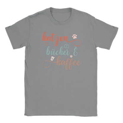 T-Shirt - Katzen, Bücher & Kaffee - Unisex - Katze, Kaffee Grau