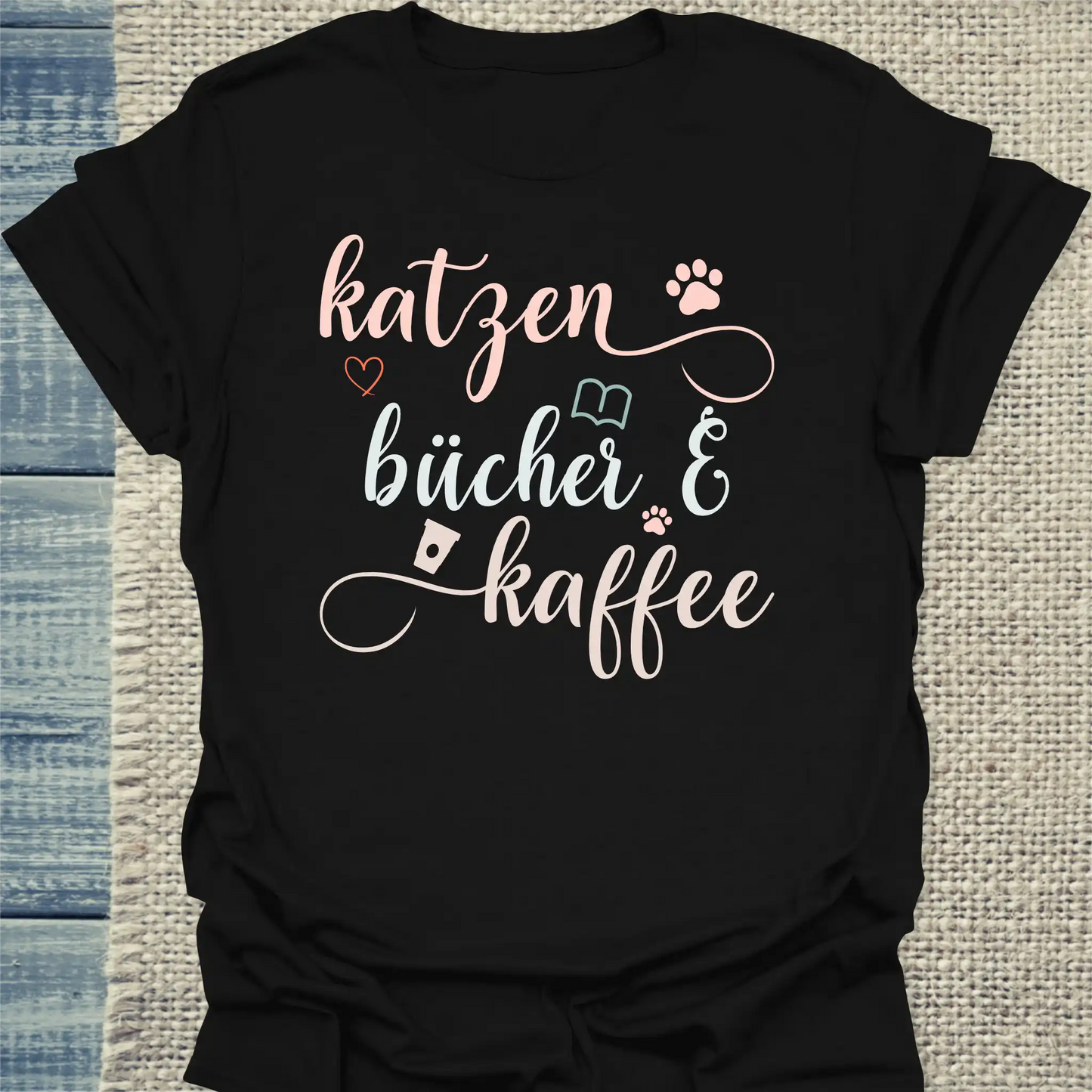 T-Shirt - Katzen, Bücher & Kaffee - Unisex - Katze, Kaffee Schwarz