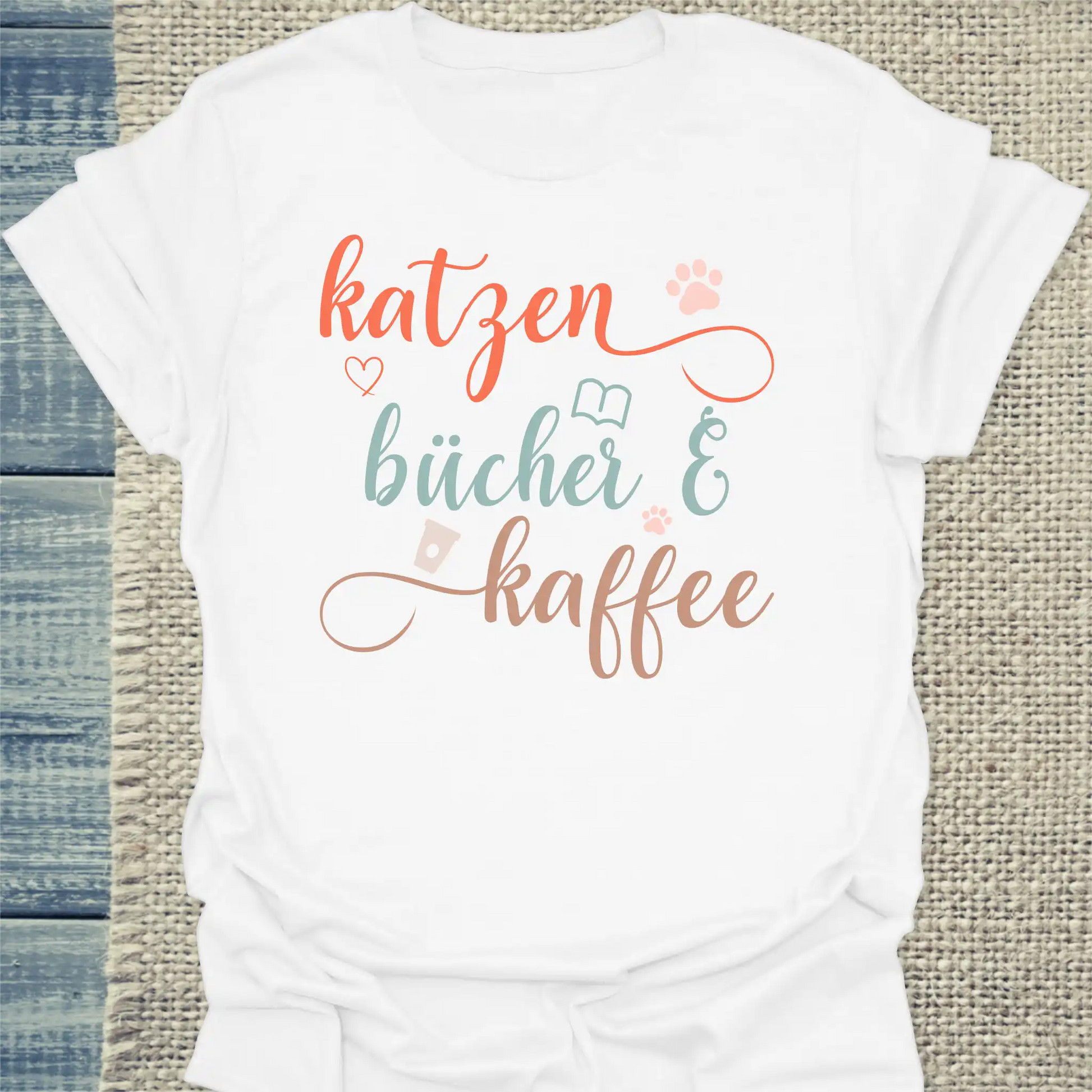 T-Shirt - Katzen, Bücher & Kaffee - Unisex - Katze, Kaffee Weiß