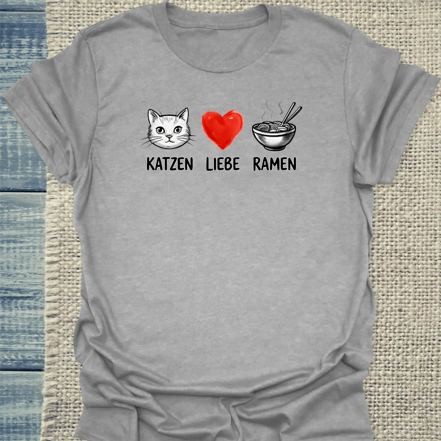 T-Shirt - Katzen - Liebe - Ramen - Unisex - Katze, Ramen Grau