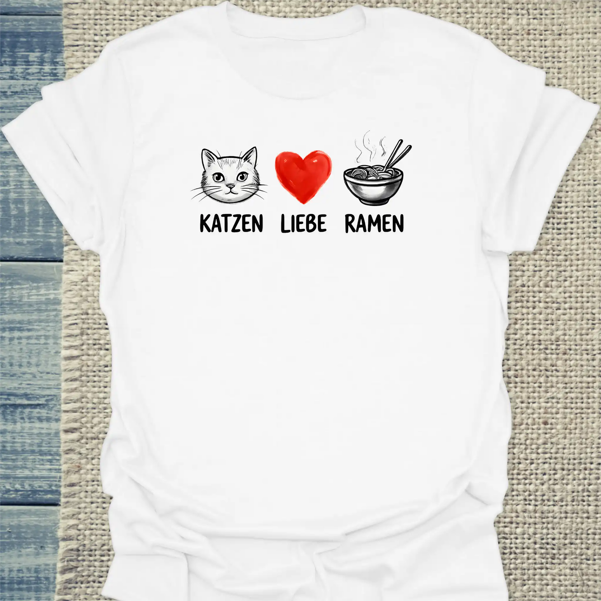 T-Shirt - Katzen - Liebe - Ramen - Unisex - Katze, Ramen Weiß