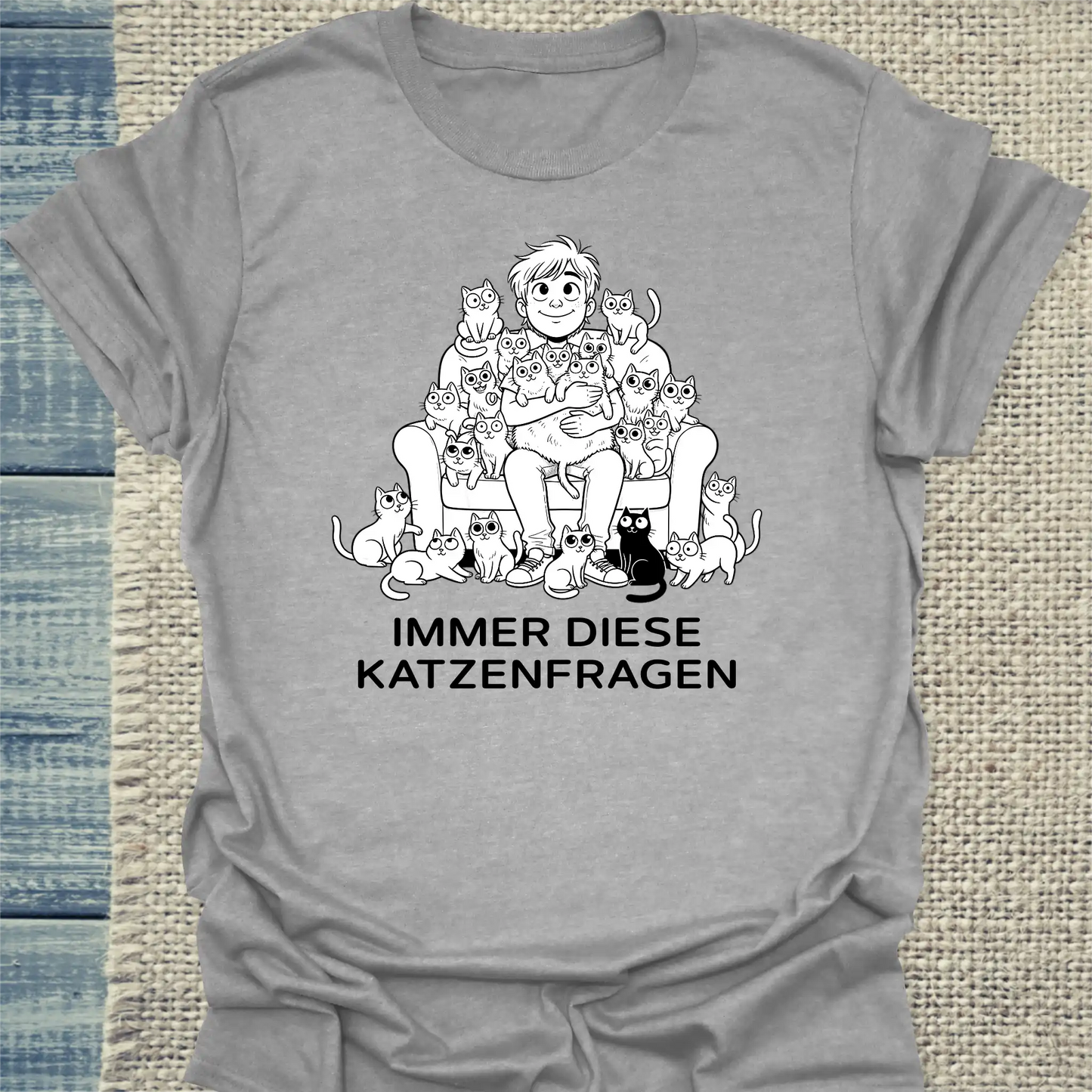 T-Shirt - Katzenfragen - Unisex - Katze, Cat Guy Grau