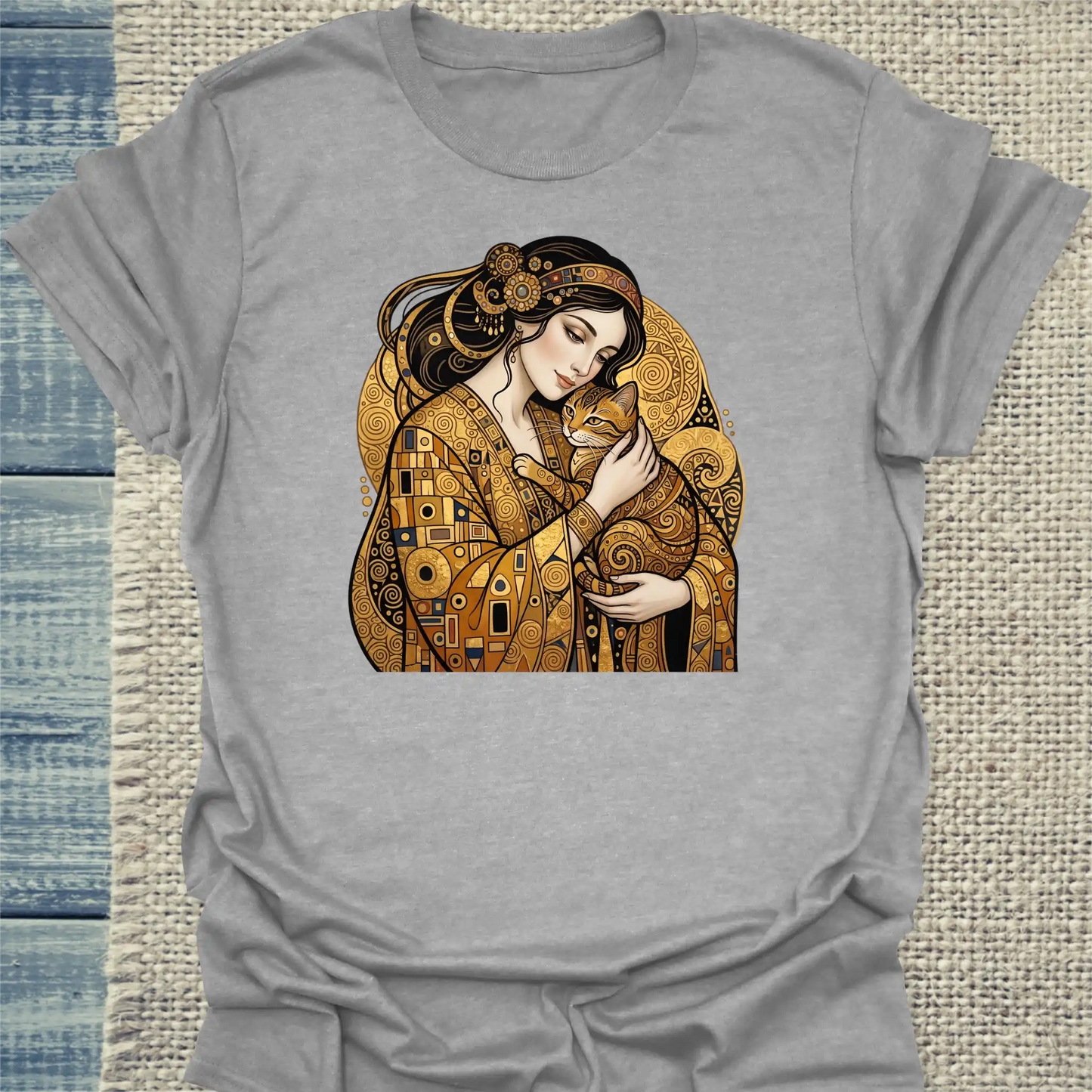 T-Shirt - Klimt Cat Lady - Unisex - Katze & Kaffee, Kunst Grau