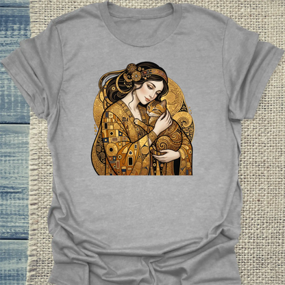 T-Shirt - Klimt Cat Lady - Unisex - Katze & Kaffee, Kunst Grau