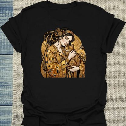 T-Shirt - Klimt Cat Lady - Unisex - Katze & Kaffee, Kunst Schwarz