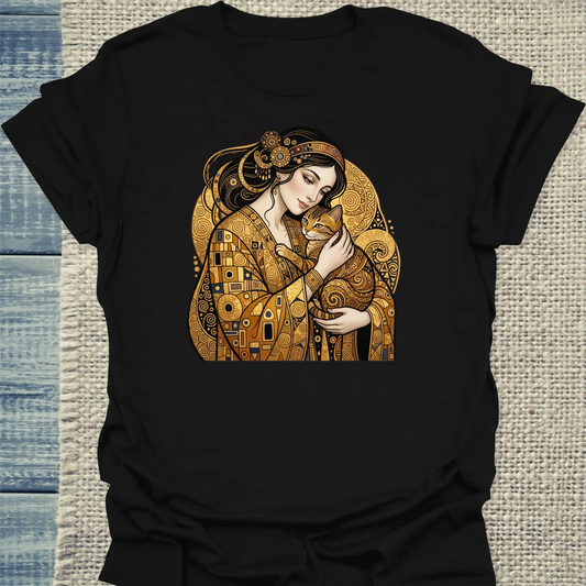 T-Shirt - Klimt Cat Lady - Unisex - Katze & Kaffee, Kunst Schwarz
