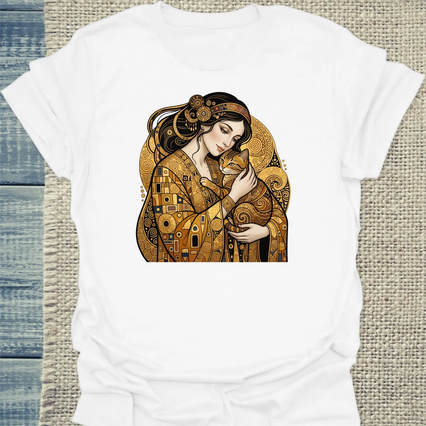 T-Shirt - Klimt Cat Lady - Unisex - Katze & Kaffee, Kunst Weiß