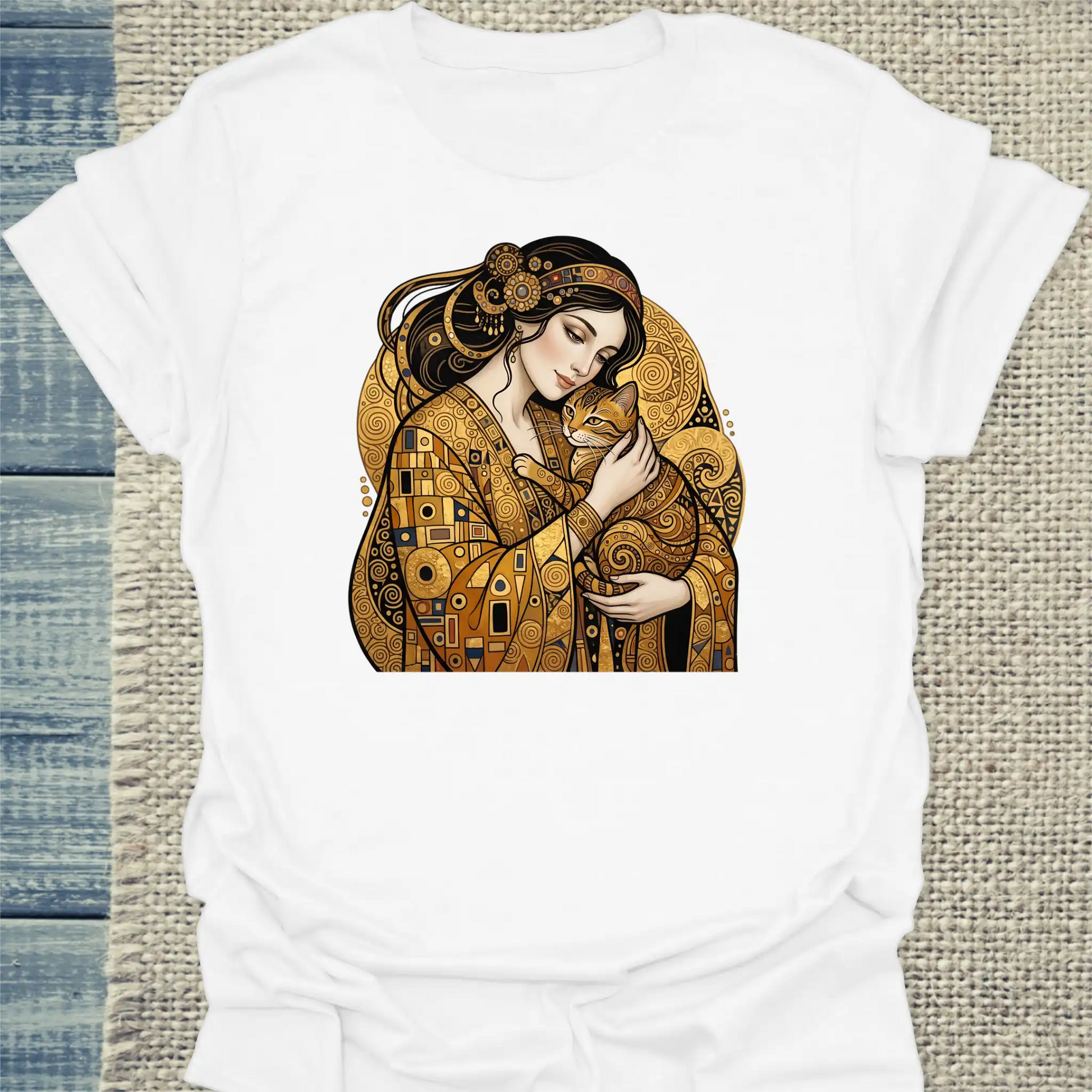 T-Shirt - Klimt Cat Lady - Unisex - Katze & Kaffee, Kunst Weiß