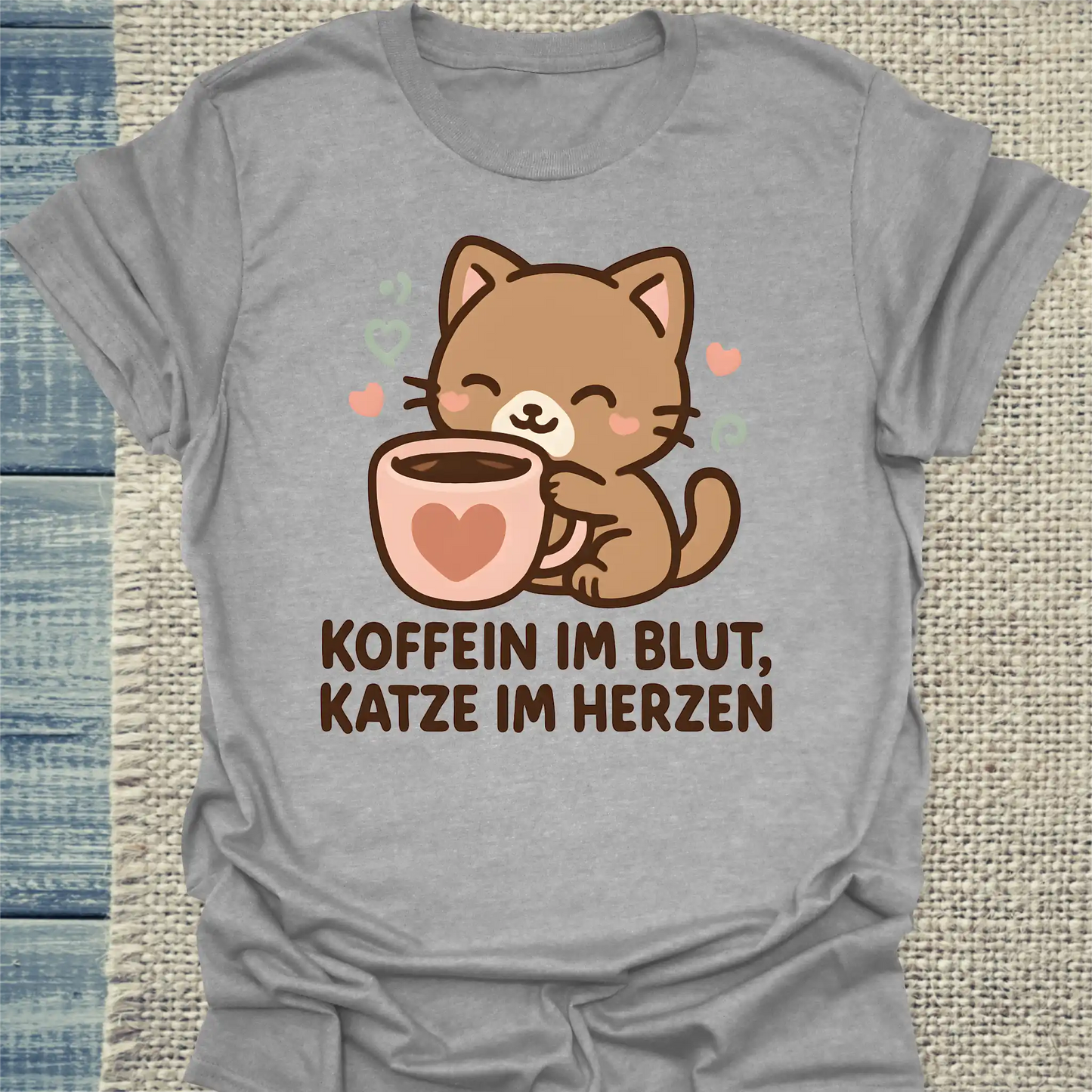 T-Shirt - Koffein im Blut, Katze im Herzen - Unisex - Katze & Kaffee Grau