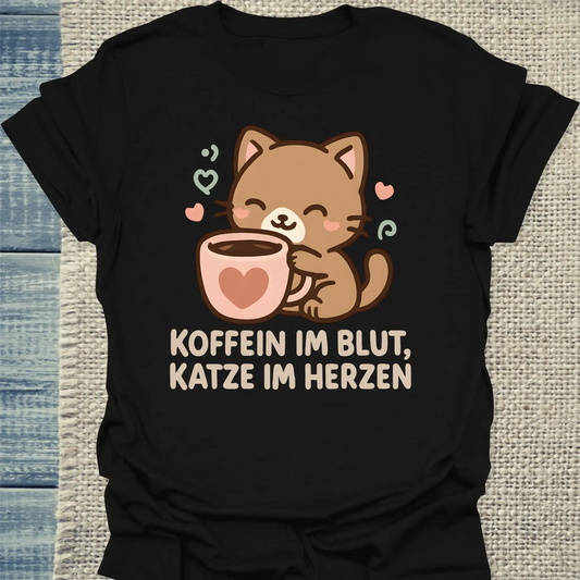 T-Shirt - Koffein im Blut, Katze im Herzen - Unisex - Katze & Kaffee Schwarz