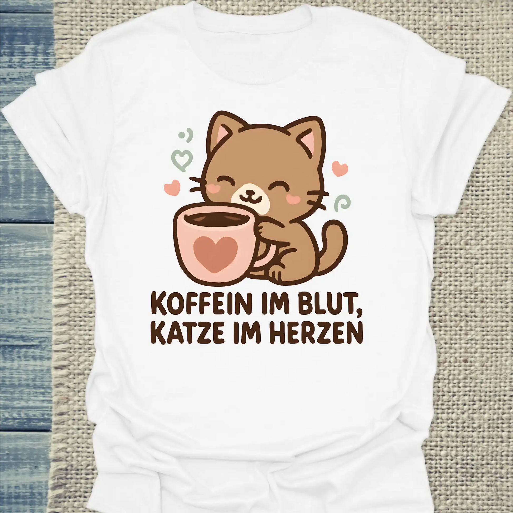 T-Shirt - Koffein im Blut, Katze im Herzen - Unisex - Katze & Kaffee Weiß