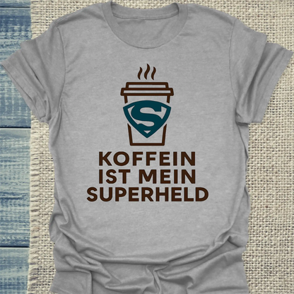 T-Shirt - Koffein ist mein Superheld Becher - Unisex - Kaffee Grau