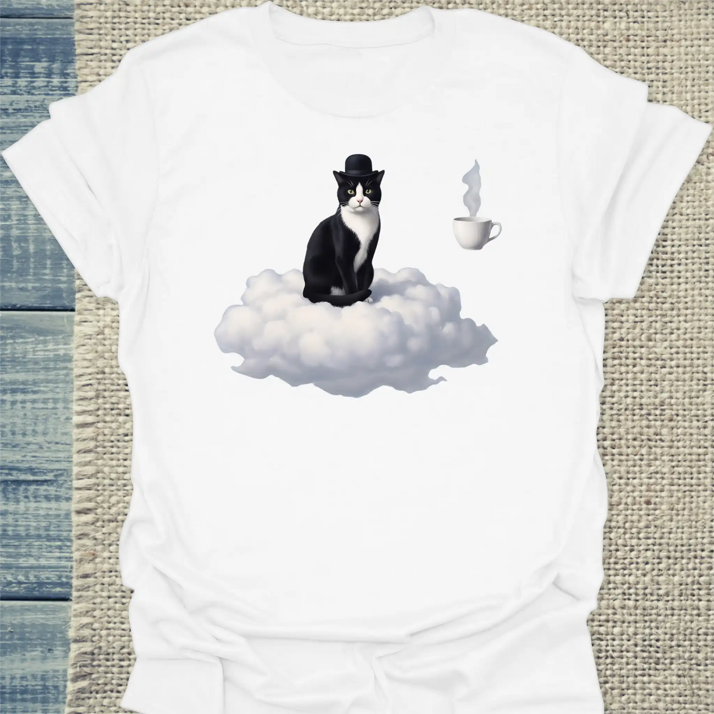 T-Shirt - Magritte Surreal Cat - Unisex - Katze & Kaffee Weiß