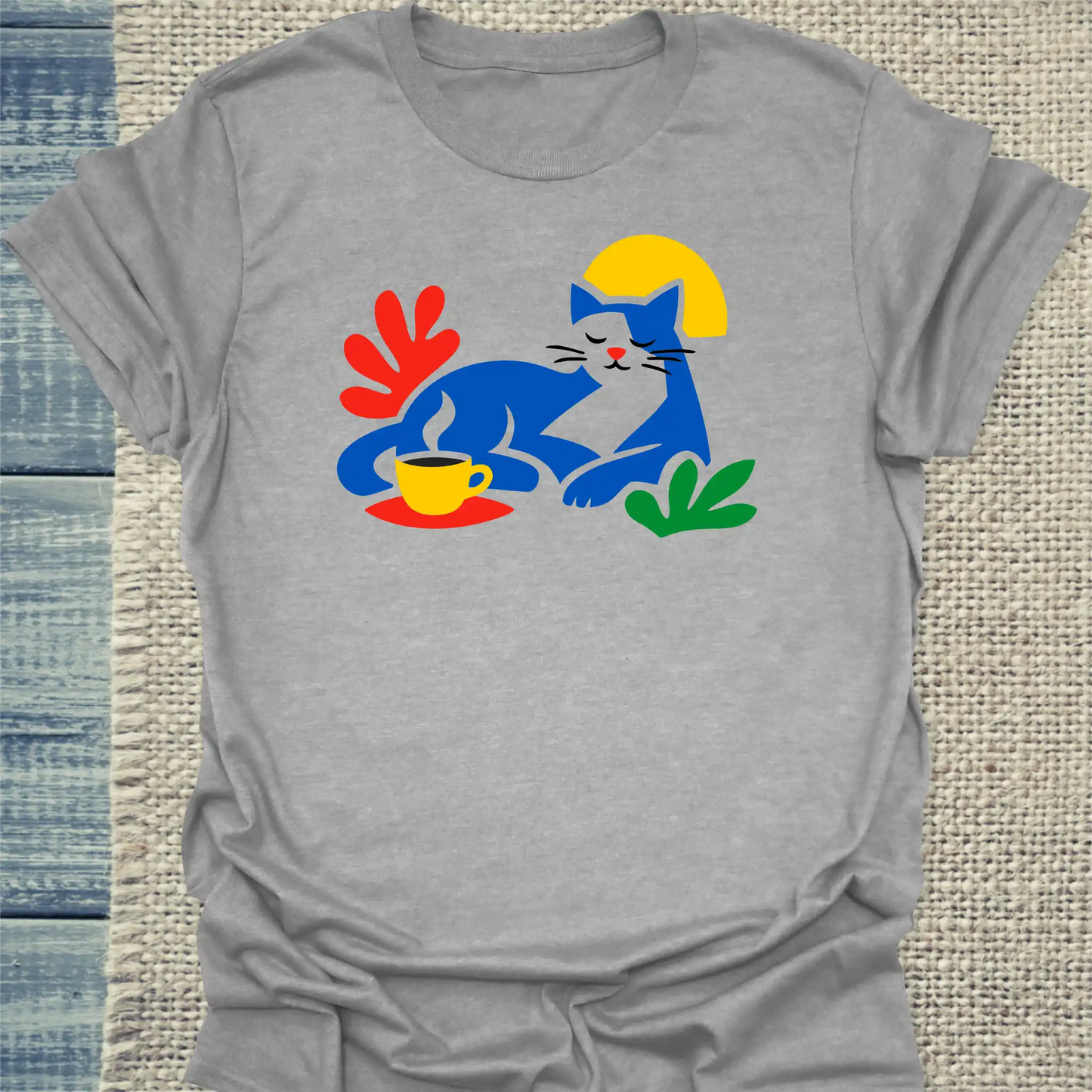 T-Shirt - Matisse Katze mit Kaffee - Unisex - Katze & Kaffee Grau